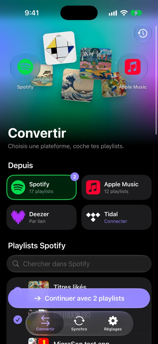 Écran Convertir de l'app MigraSon : choix du service et des playlists